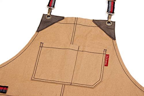 Under NY Sky Cross-Back Camel Beige Apron - Coated Twill with Leather Reinforcement, and Split-Leg - Adjustable for Men and Women - Pro Barber, Tattoo, Stylist, Barista, Bartender, Server Aprons