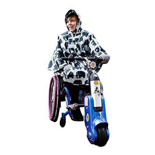 BundleBean - Kids Wheelchair Poncho - Comes with Stuff Sac - Universal Fit, Peaked Hood, Easy Poppers Under Chin and Arms -Waterproof Rain Poncho for Ages 4-11 Years (Grey Elephant)