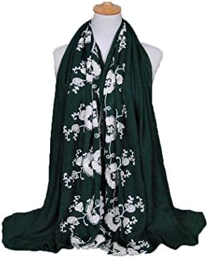 Women Cotton and linen Shawl Scarf Scarves Embroidered Flower Design (Drak Green)