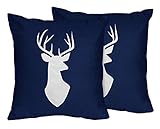 Navy White Deer Decorative Accent Throw Pillows for Navy Blue, Mint and Grey Woodsy Boys Bedding Sets - Set of 2