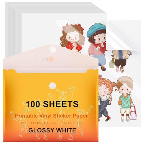 HTVRONT Printable Vinyl Sticker Paper, 100 Sheets Glossy Waterproof Sticker Paper For Inkjet Printer Dries Quickly-Standard Letter Size 8.5"X11"