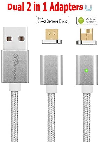 BDragon 2 in 1 Strong Magnetic Adapter Micro USB and Lightning 3.3 ft High Speed Charging and Data Cable with LED Indicator for Android and Apple mobile devices with Extra Adapter Tip