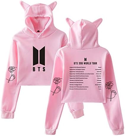 Cutadorns BTS Hot Crop-top Hoodie with Cat Cap for Girls Women Love Yourself BTS 2018 World Tour Pullover Hooded Sweatshirt
