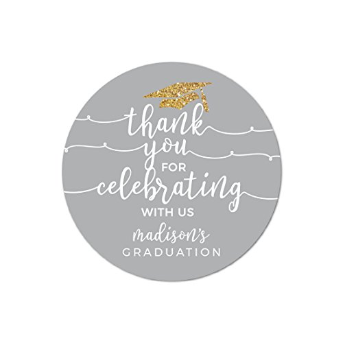 Andaz Press Gray and Gold Glittering Graduation Party Collection, Personalized Round Circle Label Stickers, Thank You for Celebrating With Us, 40-Pack, Madison's Graduation Custom Name