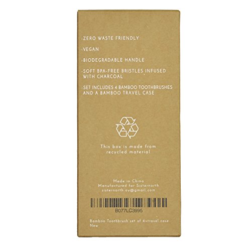 image for SisterNorth 100% Natural Bamboo Toothbrush Set of 4 + Bamboo Travel Ca