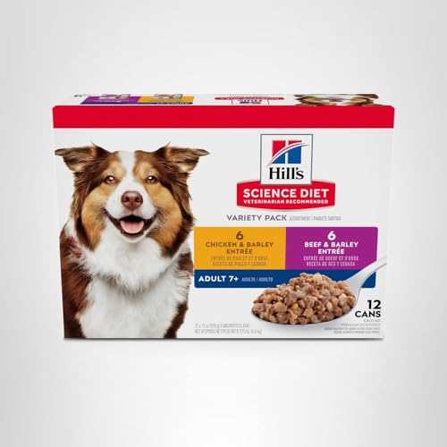 HILL’S SCIENCE DIET ADULT 7+, SENIOR ADULT 7+ PREMIUM NUTRITION, WET DOG FOOD, VARIETY PACK: CHICKEN & BARLEY; BEEF & BARLEY LOAF, 13 OZ CAN VARIETY PACK, CASE OF 12