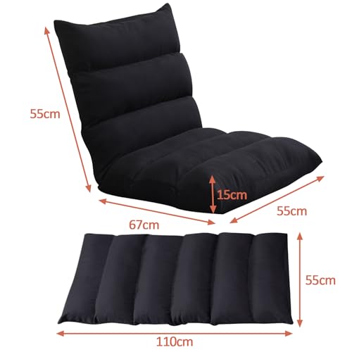 Gluckluz Floor Chair Foldable Lounger Chair Folding Lazy Sofa Gaming Chair Adjustable High Back Couch Recliner for Patio Deck Indoor Outdoor Bedroom Living Room Office Balcony Teens Adults Sleep Black