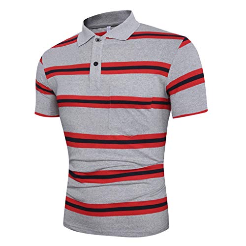 Dry fit Polo Shirts for Men Short Sleeve Regular Fit Striped Polo Shirt with Pocket Mens Casual Summer 2019 Red - Thumbnail 7