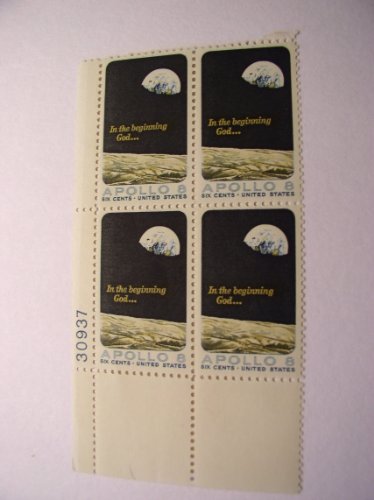 US Postage Stamps, 1969, Apollo 8 Issue, Moon And Earth, S# 1371, Plate Block of 4 6 Cent Stamps