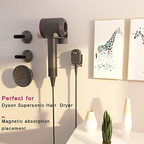 XIGOO Hair Dryer Holder, Self Adhesive Dyson Hair Dryer Wall Mount Holder Compatible Dyson Supersonic Hair Dryer, Brushed, 304 Stainless Steel, Power Plug, Diffuser and Nozzles Organizer