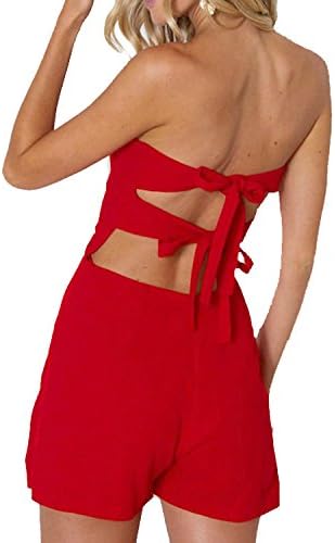 Women's Off Shoulder Backless Hollow Out Bowknot Sleeveless Shorts Club Bodycon Jumpsuit Rompers (Red, L)