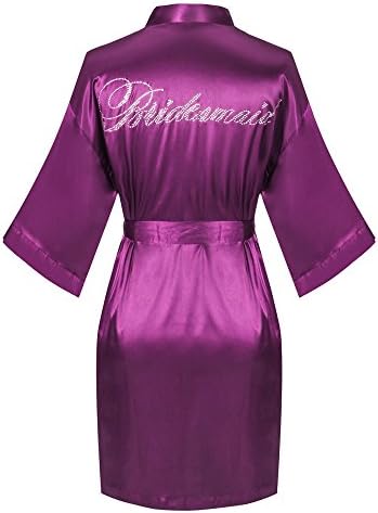 KimonoArt Satin Rhinestone Short Kimono Robe for Bridesmaid Purple L