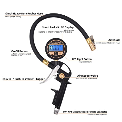 SAFELIFE Digital Tire Inflator with Pressure Gauge, 250 PSI Tire