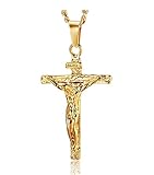Stainless Steel Cross Necklace Jesus Christ Crucifix Pendant for Men and Women(Gold)