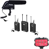 Movo Recording Enhancement Kit with UHF Wireless Lavalier Microphone System, Shotgun Condenser Video Microphone, and 2 Channel 3.5mm Audio Adapter for DSLR Cameras &amp; Camcorders