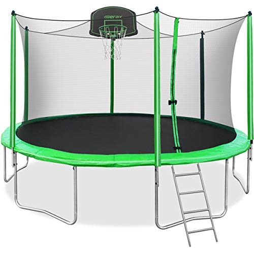 Merax 14FT Trampoline with Safety Enclosure Net, Basketball Hoop and Ladder, Trampoline for Kids (Green 14FT) (Best Trampoline Basketball Hoop)