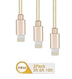 Charger Cable, MarchPower 3Pack 3ft 6ft 10ft iPhone Lightning Charging Cable Cord Nylon Braided 8pin to USB Charge Sync Cable for Apple iPhone 6s 6 plus 6s plus 5c 5s iPad Air Mini iPod Touch (Gold)