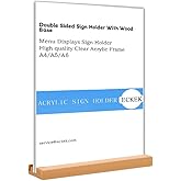ECKEK Acrylic Sign Holder A4/A5/A6 Menu Displays Double Sided, Wood Base Table Top Sign Stand (Vertical A4 210×297mm/8.27×11.69 inches