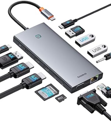 Docking Station USB-C 3 Monitor, Chip Ottimizzato,13-In-1 Hub USB-C, 2*HDMI e 1*DP 4K 60Hz, VGA, USB 3.1, PD 100W, Ethernet, Per Laptop