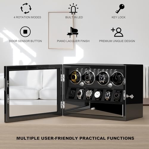 DUKWIN Watch Winder for 2/4/6/8 Automatic Watches with Key Lock, 3/6 Extra Watch Storages,4 Rotation Modes, LED Light, Super Quiet Motor, Spring Watch Pillows for Men＆Women