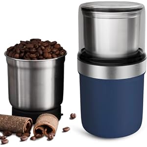 コーヒーミル 電動 カッター 粉末 コーヒー豆 ひき機 水洗い可能 一台多役 掃除ブラシ付 お手入れ簡単(ブルー)