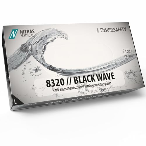 Nitras 8320 Black Wave - Guantes desechables de nitrilo no estériles, aptos para alimentos, color negro, sin polvo y sin látex, 100 unidades, en caja dispensadora, talla L