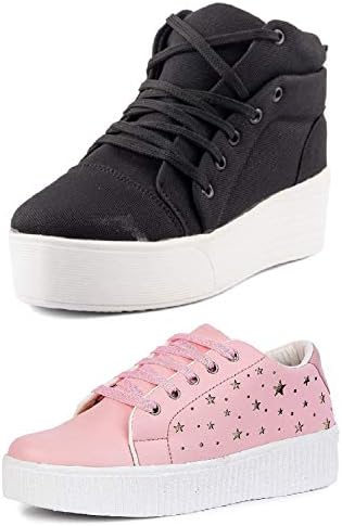 PrasKing Stylish Combo Pack of 2 Premium High Heel & Lazer Star Sneaker Shoes for Women
