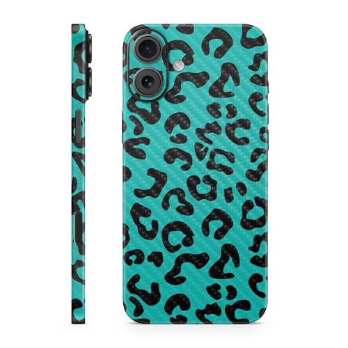 Carbon Fiber Phone Skin Compatible with Apple iPhone 16 Plus - Teal Leopard - P…