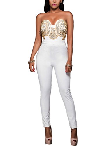 Engood Women's Strapless Backless Sequins Bodycon Long Party Jumpsuit Rompers Dress White L