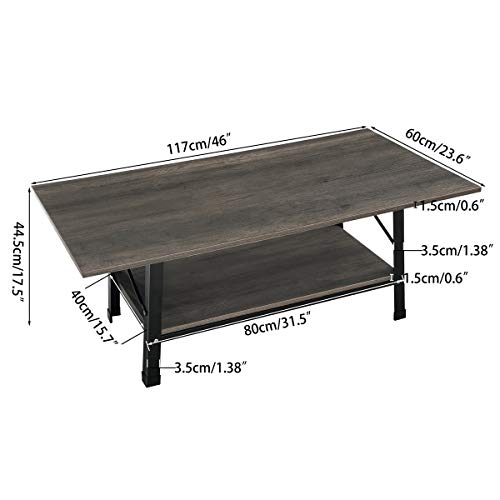 Coffee Table - CrazyLynX 46" Industrial Cocktail End Table with Storage Shelf, Solid Side Sofa Table, Wood Desktop and Metal Frame for Living Room (Retro Color) (A)