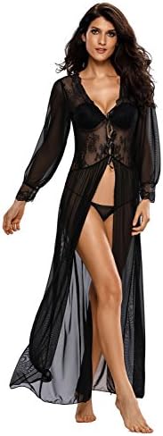 QvQ Day Women Sexy Lace Floral Sheer Long Lingerie Robe Set With Thong, Black, (US 2-6)S