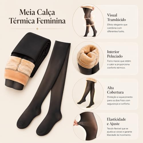 Meia Calça Térmica Feminina Translúcida Forrada Pelinho Preta Tamanho Único 36 ao 44 Interior Aveludado Efeito Meia Fina Forro Pelúcia Poliéster Elastano Para Inverno