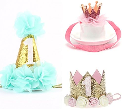 Baby Princess Tiara Crown, Baby Girls First Birthday Hat, Unicorn flower lace crown headband (C02-3PCS)