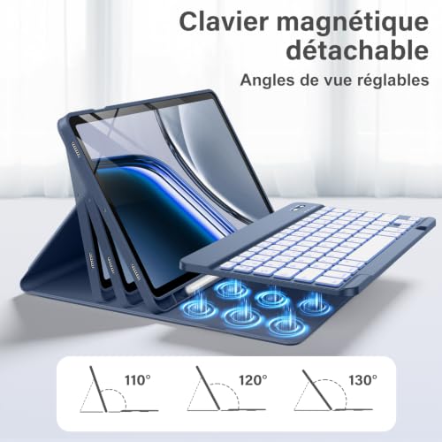 Vobafe AZERTY Keyboard Case for Samsung Galaxy Tab S10 Lite/S10 FE/S9 FE 10.9 Inch/Tab S9 11 Inch, 7 Colors Backlit Keyboard Case with Pen Holder & Quick Charge, AZERTY Blue-Grey | 7-Color Illuminated Keyboard with S Pen Support and USB-C Fast Charging, QWERTZ Layout Blue Grey