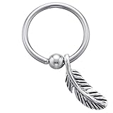 Feather - Surgical Steel and 925 Sterling Silver Sliding Charm Captive Bead Ring - 16 Gauge