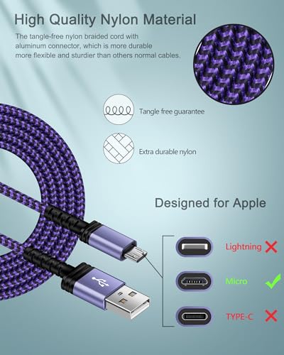 Micro USB Charging Cable, 1 Pack 6FT Android Charger Cord Nylon Braided Fast Charging Cable Compatible Galaxy S6 S7 Edge,Kindle,Android & Windows Smartphones, PS4 and More-Purple
