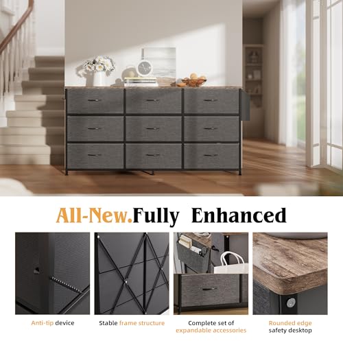 PURFINO Fabric Chest of Drawers - Large TV Stand for 43-65 Inch with 9 Drawers, Label Cards, Side Pocket and Hook, Dresser for Living Room, Hallway, Bedroom
