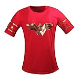 Justice League Wonder Women Golden Foil T-Shirt - Short Sleeved Women Wear (S, Red)