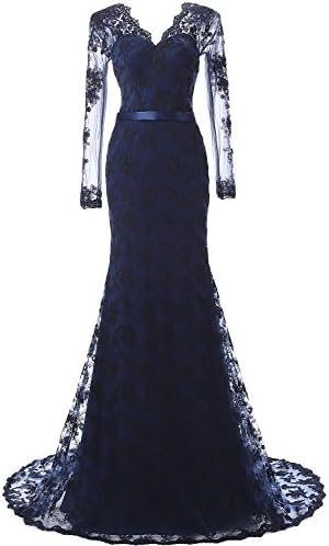 LovingDress Women's Prom Dresses Lace and Tulle V-Neck Mermaid Evening Dress Size 10 US Dark Navy