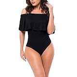 Antopmen Women's Ruffles Off Shoulder Sleeveless Bodysuit Leotards (Large, Black)