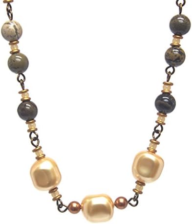 Martiana JewelryArtistic Jasper Gemstone Necklace Light Gold Baroque Crystal Pearls Antique Brass Tone 22 in
