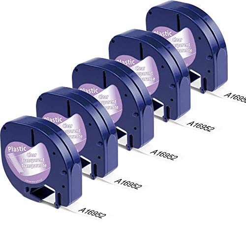 Aonomi Compatible Label Tape Replacement for DYMO LetraTag Refills 16952 Clear Transparent Plastic Tapes for DYMO LetraTag LT-100H LT-100T Plus QX 50 Label Maker, Black on Clear, 1/2'' x 13', 5-Pack