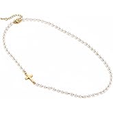 ALRNBY Pearl Cross Necklace for Women 14K Gold Plated Cross Pendant with Simulated Pearl Beads Sideway Cross Necklace Dainty Choker Christian Jewelry Gifts