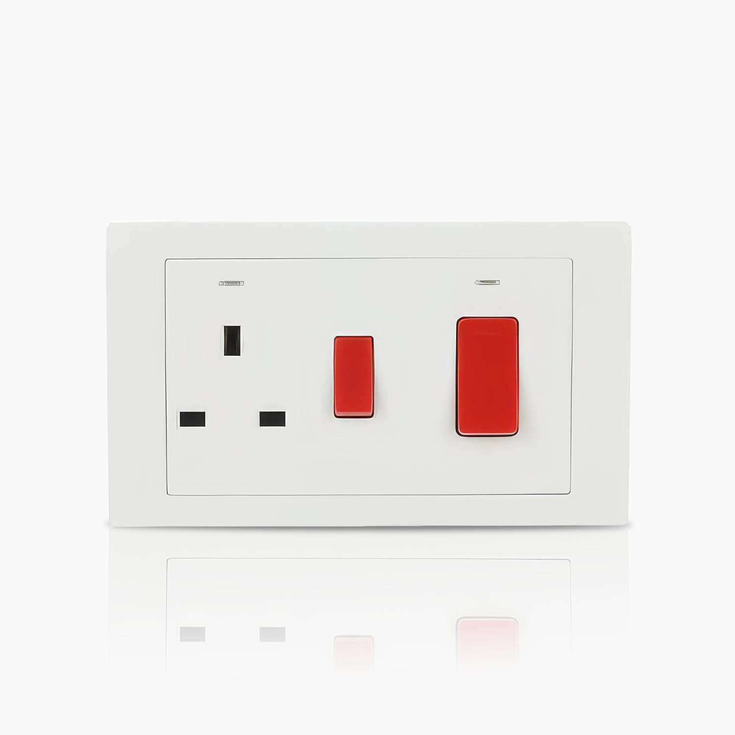 ABB Inora 1 Gang Switched 13A Plug Socket With 45A Cooker Switch • LED "On" Indicator • Double Pole • White • Red Rockers • Safe, Reliable, and Functional