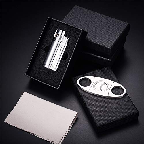 BS Cigar Lighter and Cutter Set,Cigar Punch Lighter Triple Jet Flame Butane Cigarette Torch Lighter(Silver)