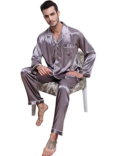 Mens Satin Long Button-Down Pajamas Set S~4XL