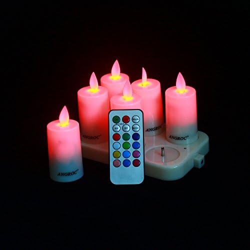 ANGROC Rechargeable Remote Control Flameless LED Tea Light Candle,Vivid Swing Flame Wick,Multi Color Available,Plus Timer,Dimmer,Steady and Flash Function( Set of 6 )