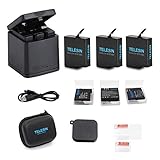 TELESIN 3-Pack Batteries and 3-Channels USB Charger with Type-C Cord for GoPro Hero 7 Black Hero (2018) Hero 6 Hero 5 Black, with GoPro Carry Case Small, Lens Cover Cap and Protector