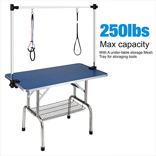 QAQA Professional Pet Dog Grooming Table with Adjustable Overhead Arm, 46” Heavy Duty Foldable Stainless Steel Table with Noose,No-Sit Haunch Holder and Mesh Tray