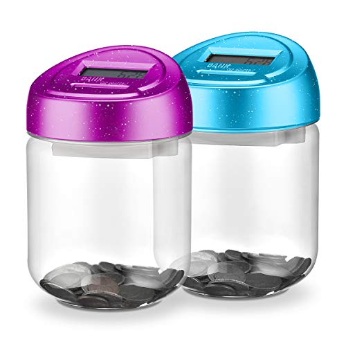 Younion Digital Coin Bank, Automatic Coin Counter Totals All U.S. Coins, Clear Money Saving Jar with LCD Display, Purple